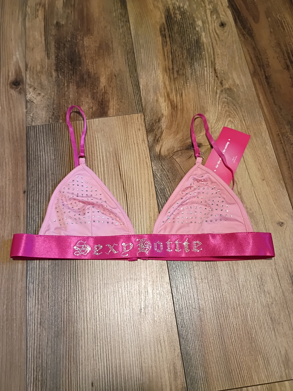 SHEIN Pink Rhinestone Triangle Bralette with Hot Pink Satin Band